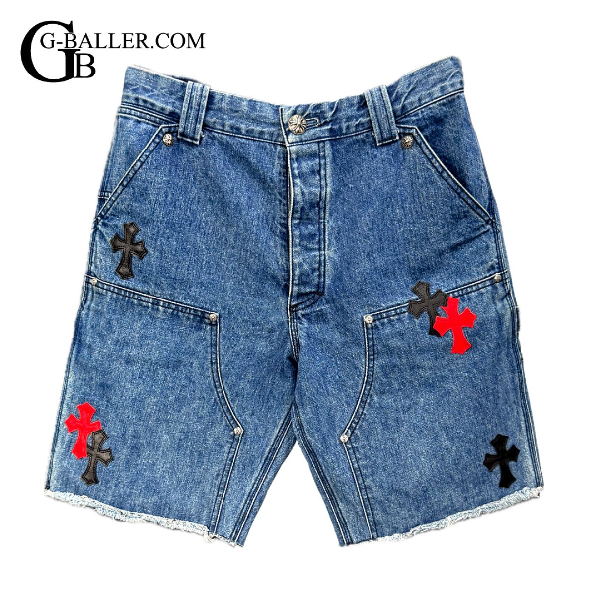 画像1: CHROMEHEARTS クロスパッチカスタム デニム カーペンターショートパンツ レザーパッチ カスタム